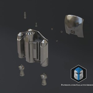 May include: A disassembled, metallic jetpack with various components, including a central unit, side cylinders, and a curved backplate. Several screws and smaller parts are scattered around. The image includes a logo with the text "PATREON.COM/GALACTICARMORY".
