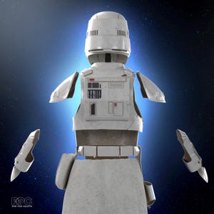 May include: A disassembled white Stormtrooper armor set, featuring a helmet, chest plate, shoulder pads, and arm guards. The armor has a weathered appearance with detailed paneling and a belt. The background is a blue gradient with a starry effect.