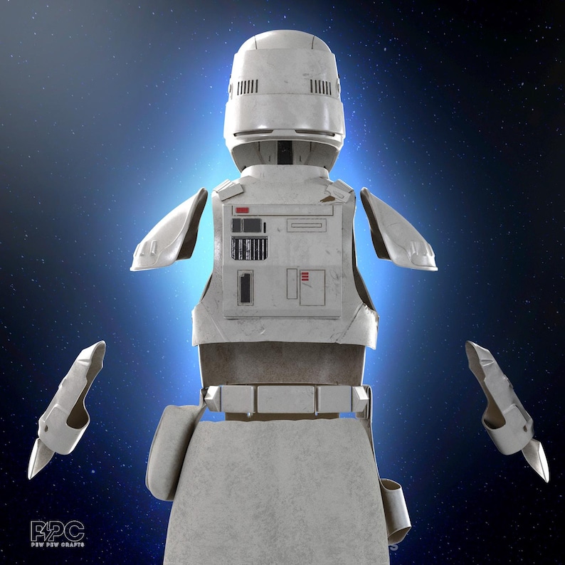 May include: A disassembled white Stormtrooper armor set, featuring a helmet, chest plate, shoulder pads, and arm guards. The armor has a weathered appearance with detailed paneling and a belt. The background is a blue gradient with a starry effect.