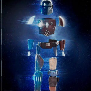 May include: Deconstructed Mandalorian armor set, displayed against a starry blue background. The set includes a helmet, chest plate, shoulder pads, belt, and leg armor. The armor pieces are in shades of silver, brown, and blue. The image includes the text "Pew Pew Crafts".