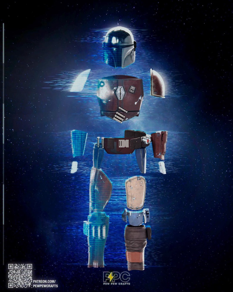 May include: Deconstructed Mandalorian armor set, displayed against a starry blue background. The set includes a helmet, chest plate, shoulder pads, belt, and leg armor. The armor pieces are in shades of silver, brown, and blue. The image includes the text "Pew Pew Crafts".