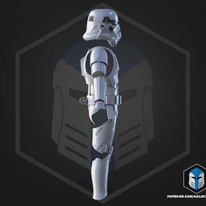 May include: A white Stormtrooper armour suit, a costume from a science fiction film, is shown in profile against a dark background. The armour features a helmet, chest, and leg pieces, with visible details like straps and joints. The background includes a logo and text.