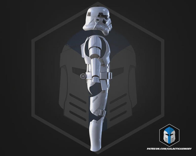 May include: A white Stormtrooper armour suit, a costume from a science fiction film, is shown in profile against a dark background. The armour features a helmet, chest, and leg pieces, with visible details like straps and joints. The background includes a logo and text.