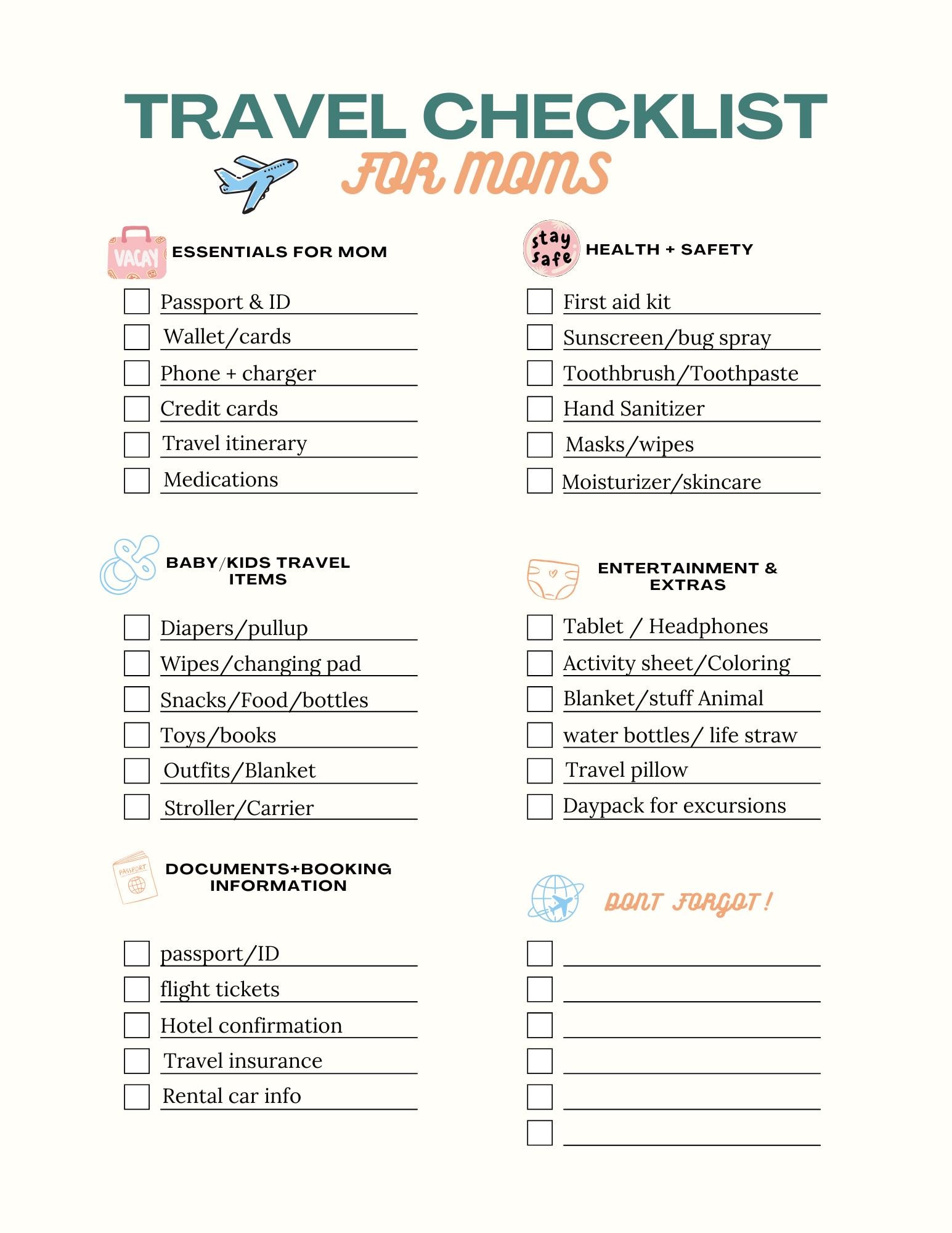 Printable Travel Checklist for Moms | Baby & Kid Packing List | Family