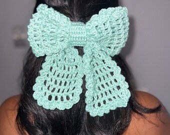 Crochet hair bow/ crochet hair accessories/ crochet bow ribbon/ coquette hair bow/ XL crochet bow/ boho ribbon/ valentine gift for her