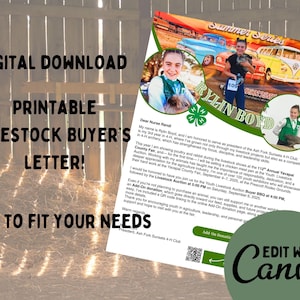 Op de afbeelding: Digitale download van een afdrukbare veekoperbrief. De flyer bevat foto's van een jongere met dieren, tekst en het Canva-logo. De tekst bevat "Summer Series" en "Edit to Fit Your Needs."