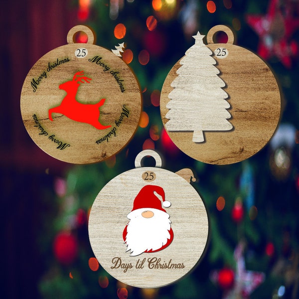 Giorni fino a Natale Conto alla rovescia Calendario Bauble Svg File di taglio laser - Calendario di Natale Svg File di taglio laser per Glowforge XTool ecc #073