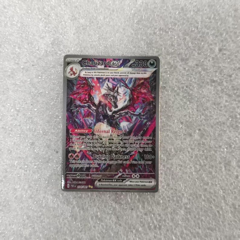 May include: A Charizard ex trading card featuring a dark, stylized dragon illustration with red and purple accents. The card displays 330 HP, the Infernal Reign ability, and the Burning Darkness attack. Text includes Charizard ex, 234/091, and Pok&eacute;mon ex rule.