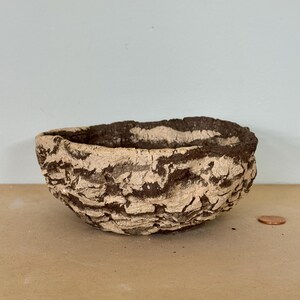 May include: A small, handcrafted bowl with a textured, bark-like appearance. The bowl is primarily beige with dark brown accents, and has an organic, irregular shape. A penny is next to the bowl for scale.