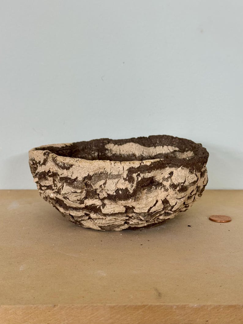 May include: A small, handcrafted bowl with a textured, bark-like appearance. The bowl is primarily beige with dark brown accents, and has an organic, irregular shape. A penny is next to the bowl for scale.