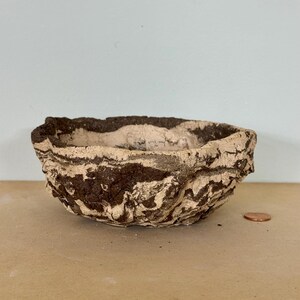 May include: A small, handmade bowl with a textured, organic appearance. The bowl features a dark brown and beige marbled pattern. The rim has a rough, uneven edge. A penny is next to the bowl for size reference.