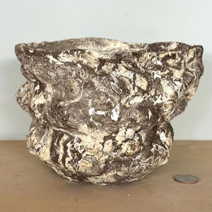 May include: A bowl-shaped vessel with a highly textured, uneven surface featuring a mottled pattern of dark brown and off-white tones. The exterior has a rugged, organic appearance with deep crevices and raised ridges throughout the entire structure.