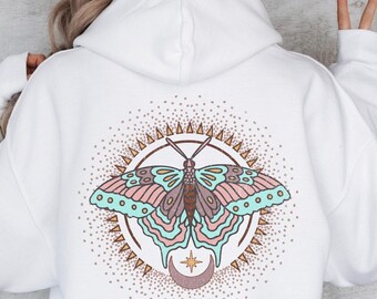 Grunge Luna Moth Hoodie, Celestial Sun and Moon Sweatshirt, Lunar Witchy Apparel, Spiritual Insect Clothing, Whimsigoth Butterfly Sweater