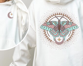 Grunge Luna Moth Hoodie, Celestial Sun and Moon Sweatshirt, Lunar Witchy Apparel, Spiritual Insect Clothing, Whimsigoth Butterfly Sweater