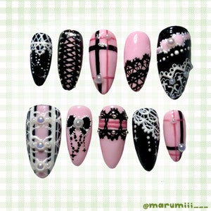 Gothic Lolita- Lace and pink plaid nails with pearl studs, Y2K Japanese Harajuku nails