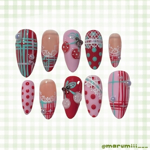 Cherry&Lace- Plaid, Cherry, Pink, Polka dot, Y2k, Harajuku, Japanese nails