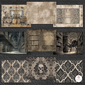 Pu&ograve; includere: Una collezione di carte per scrapbook in stile vintage a tema gotico. Le carte presentano illustrazioni di biblioteche, libri antichi e dettagli architettonici ornati. Alcune carte hanno un motivo damascato, un teschio e una scrittura a mano.