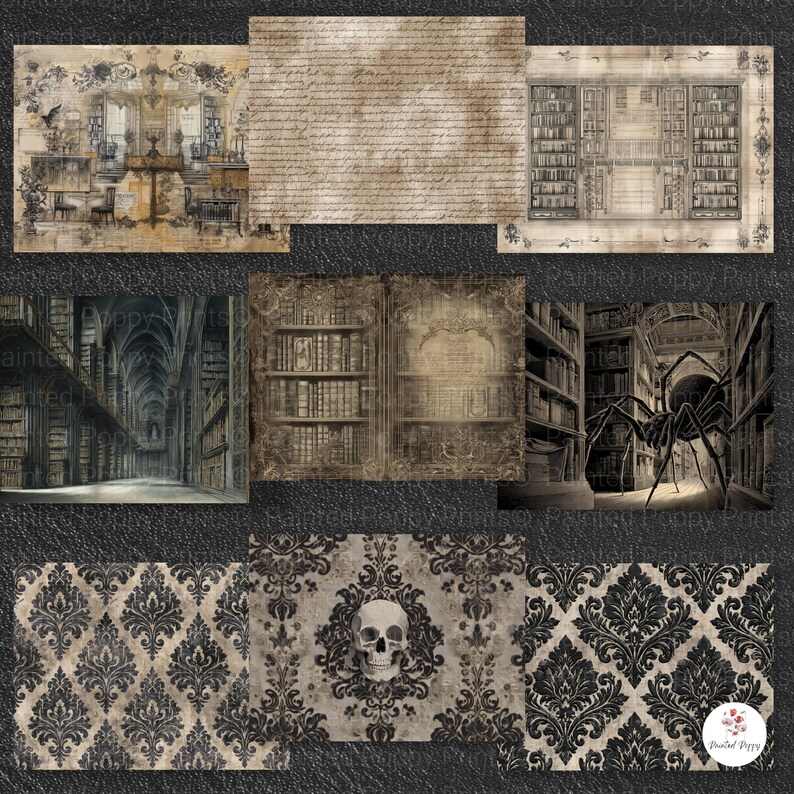 Pu&ograve; includere: Una collezione di carte per scrapbook in stile vintage a tema gotico. Le carte presentano illustrazioni di biblioteche, libri antichi e dettagli architettonici ornati. Alcune carte hanno un motivo damascato, un teschio e una scrittura a mano.