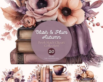 Blush & Plum Autumn Book Stack Clipart | Watercolor PNG Designs (Digital Download)