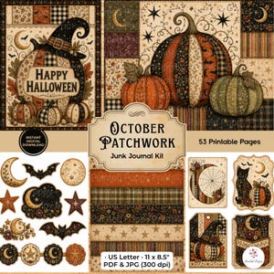 以下が含まれることがあります： 「October Patchwork」と題されたデジタルジャンクジャーナルキット。カボチャ、魔女の帽子、月、星、コウモリ、猫などのハロウィーンをテーマにした53枚の印刷可能なページが含まれており、オレンジ、黒、緑のパターンでデザインされています。