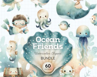 Paquete de imágenes prediseñadas de amigos del océano / Diseño PNG Kawaii submarino