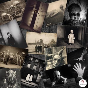 May include: A collection of vintage black and white photographs with a horror theme. Images include a creepy doll, a smiling figure in a doorway, a crawling baby, and a person with a tentacled head.