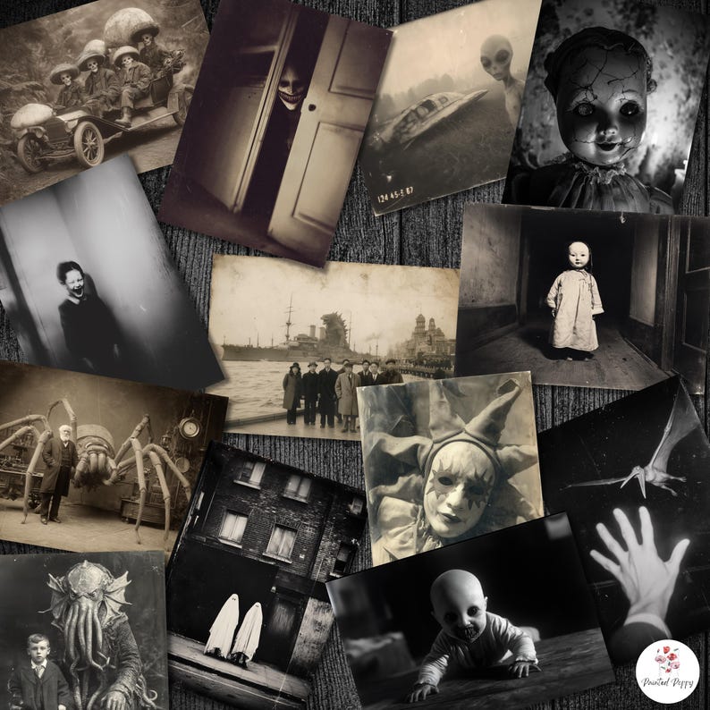 May include: A collection of vintage black and white photographs with a horror theme. Images include a creepy doll, a smiling figure in a doorway, a crawling baby, and a person with a tentacled head.