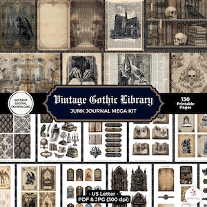 Pu&ograve; includere: Una collezione di pagine stampabili a tema biblioteca gotica vintage. Le immagini includono illustrazioni di teschi, architettura gotica e libri antichi. Il testo sull'immagine recita "Vintage Gothic Library" e "Junk Journal Mega Kit".