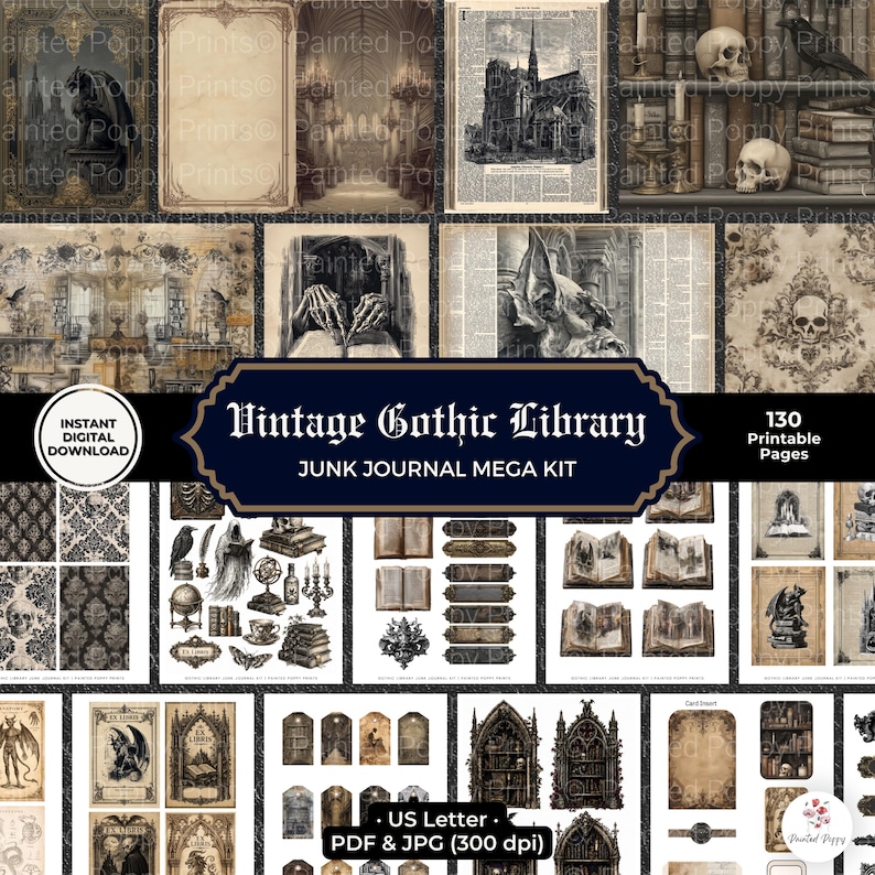 Pu&ograve; includere: Una collezione di pagine stampabili a tema biblioteca gotica vintage. Le immagini includono illustrazioni di teschi, architettura gotica e libri antichi. Il testo sull'immagine recita "Vintage Gothic Library" e "Junk Journal Mega Kit".