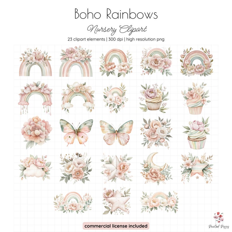 Boho Rainbow Floral Clipart Set | Watercolor Nursery Art (digital ...