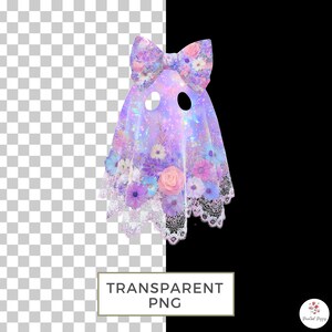 May include: A whimsical ghost costume in shades of lavender, pink, and blue, adorned with floral accents and a large bow. The design includes a lace trim and two eye holes. The text "TRANSPARENT PNG" is displayed at the bottom.