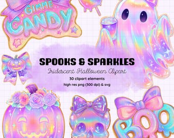 Iridescent Halloween Clipart | Kawaii Pastel Ghosts, Skulls (PNG & SVG)
