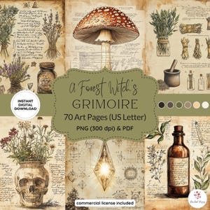 Puede incluir: Gráfico de descarga digital con una ilustración de hongo, manojos de hierbas y un jarrón de calavera. El texto dice "a Forest Witch's Grimoire" con 70 páginas de arte. Incluye una licencia comercial. La paleta de colores es en tonos tierra.