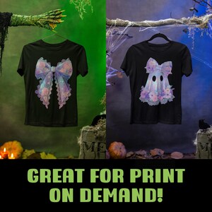 May include: Two black t-shirts with unique designs. One features a large, pastel-colored bow with lace trim, while the other showcases a ghost with a floral bow and skirt. The text "GREAT FOR PRINT ON DEMAND!" is displayed below.