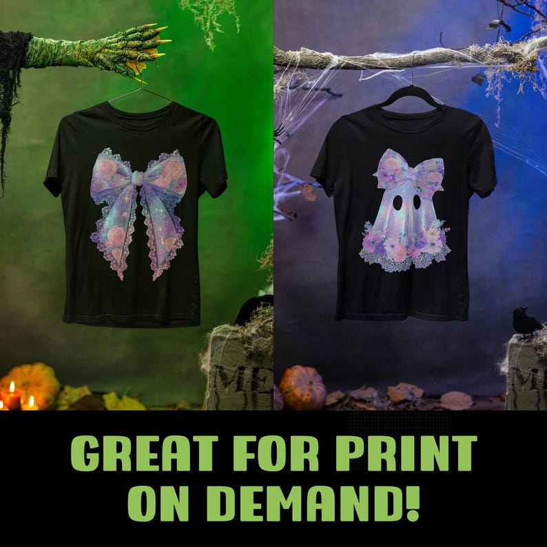 May include: Two black t-shirts with unique designs. One features a large, pastel-colored bow with lace trim, while the other showcases a ghost with a floral bow and skirt. The text "GREAT FOR PRINT ON DEMAND!" is displayed below.