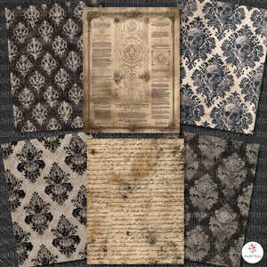 Pu&ograve; includere: Una collezione di carte in stile vintage con disegni gotici e antichi. Include motivi damascati in bianco e nero, un documento in stile pergamena e una carta con teschi. Le carte hanno un aspetto invecchiato e usurato.