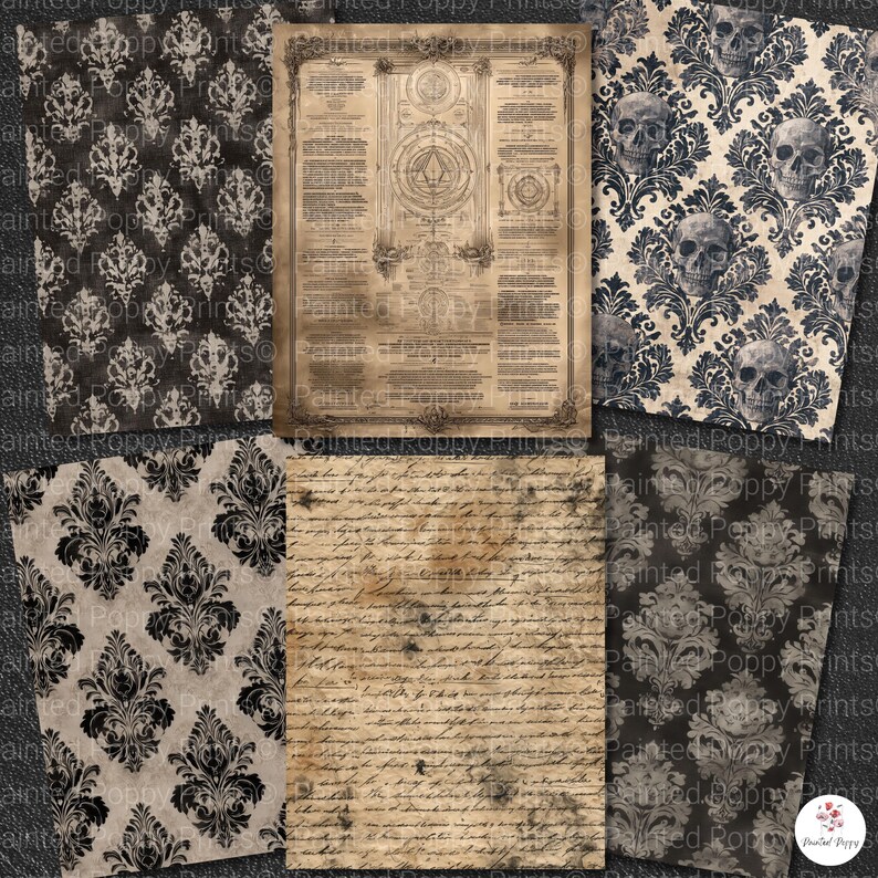 Pu&ograve; includere: Una collezione di carte in stile vintage con disegni gotici e antichi. Include motivi damascati in bianco e nero, un documento in stile pergamena e una carta con teschi. Le carte hanno un aspetto invecchiato e usurato.