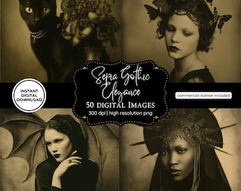 May include: Sepia-toned digital images featuring gothic elegance. Includes a black cat with a jeweled collar, women with butterfly and bat-wing adornments, and floral arrangements. The images are high-resolution PNG files, available for instant download.