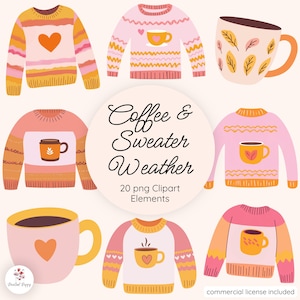 コーヒーとセーターの天気のクリップアート | 秋のセーター | ピンクアンバー | コーヒーマグのクリップアート | 秋のクリップアート | パステルカラーの秋 | 今話題
