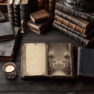 Pu&ograve; includere: Un libro antico aperto con una dettagliata illustrazione di una cattedrale, circondato da altri libri antichi. Una candela accesa in un portacandele decorativo &egrave; vicina. La scena &egrave; ambientata su una superficie di legno scuro, evocando un'estetica da biblioteca vintage.