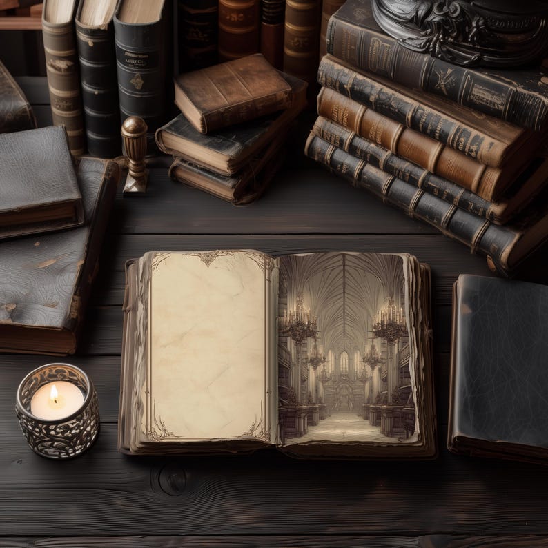 Pu&ograve; includere: Un libro antico aperto con una dettagliata illustrazione di una cattedrale, circondato da altri libri antichi. Una candela accesa in un portacandele decorativo &egrave; vicina. La scena &egrave; ambientata su una superficie di legno scuro, evocando un'estetica da biblioteca vintage.