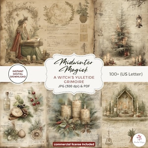 May include: Digital download of a vintage-style grimoire titled "Midwinter Magick." The image features illustrations of candles, a woman reading, and botanical elements. The text includes "A Witch's Yuletide Grimoire" and "100+ (US Letter)."