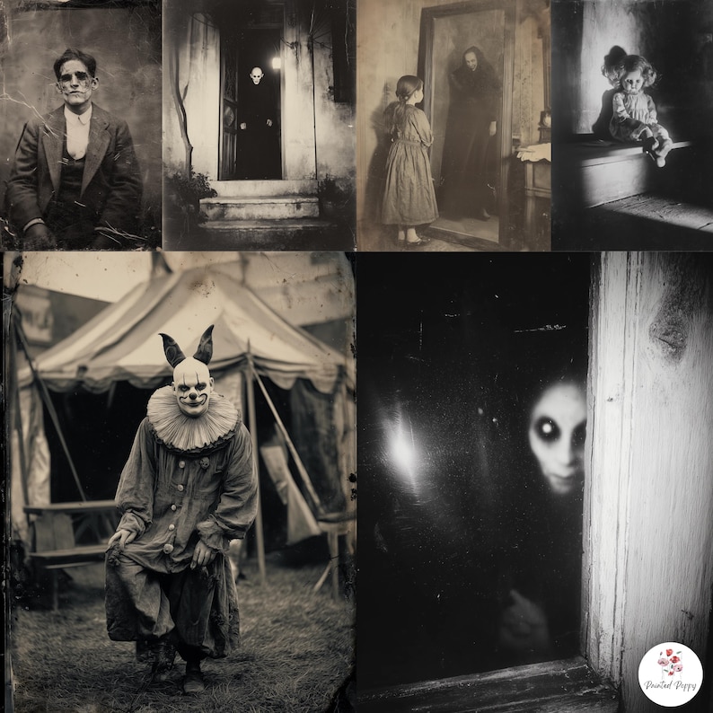 May include: A collection of vintage, sepia-toned photographs depicting eerie scenes. Subjects include a person with a painted face, a figure in a doorway, a child, a clown in a circus tent, and a ghostly figure. The images evoke a sense of horror and the macabre.