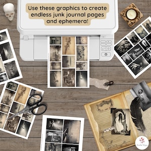 May include: A printer is shown with printed graphics for junk journals and ephemera. The printed images are in black and white, with a vintage aesthetic. The text on the image says, "Use these graphics to create endless junk journal pages and ephemera!"