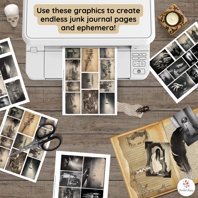 May include: A printer is shown with printed graphics for junk journals and ephemera. The printed images are in black and white, with a vintage aesthetic. The text on the image says, "Use these graphics to create endless junk journal pages and ephemera!"