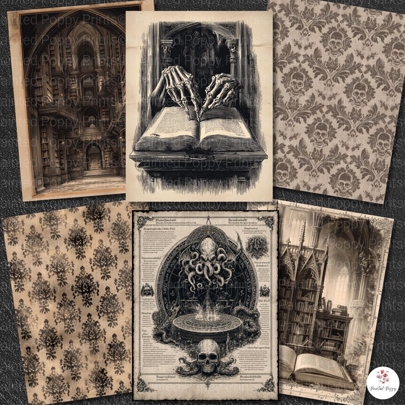 Pu&ograve; includere: Una collezione di stampe in stile vintage a tema gotico. Le immagini includono illustrazioni di una biblioteca, uno scheletro che scrive in un libro, motivi damascati con teschi e una rappresentazione dettagliata di una creatura mitica. La tavolozza dei colori &egrave; principalmente seppia e nero.