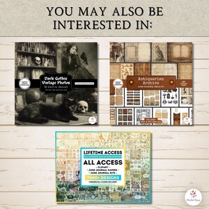 Pu&ograve; includere: Immagine con tre kit di arte digitale. Il kit in alto a sinistra &egrave; "Dark Gothic Vintage Photos" con un gatto nero e un teschio. Il kit in alto a destra &egrave; "Antiquarian Archive" con effimeri vintage. Il kit in basso &egrave; "Lifetime Access All Access".