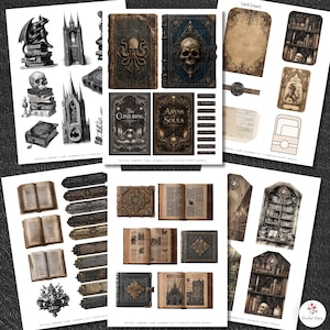 Pu&ograve; includere: Kit di diario di biblioteca gotica con stampe di papaveri dipinti. Il kit include varie immagini di libri antichi, architettura gotica, teschi ed elementi decorativi. I libri hanno disegni intricati e il testo "The Conjuring" e "Abyss of Souls".