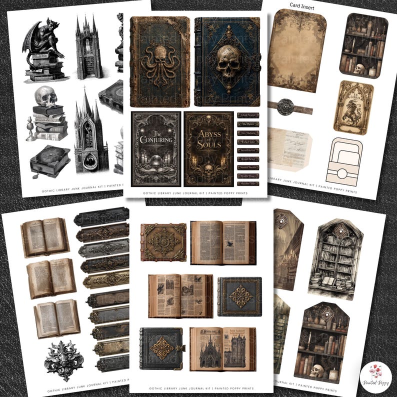 Pu&ograve; includere: Kit di diario di biblioteca gotica con stampe di papaveri dipinti. Il kit include varie immagini di libri antichi, architettura gotica, teschi ed elementi decorativi. I libri hanno disegni intricati e il testo "The Conjuring" e "Abyss of Souls".