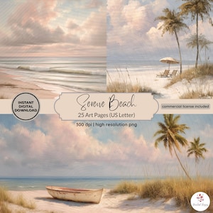 Afdrukbare kunstpagina's op het strand | Esthetische kustafdrukken | Strandesthetiek | Plakboeken | Papier voor het maken van kaarten | Nu trending